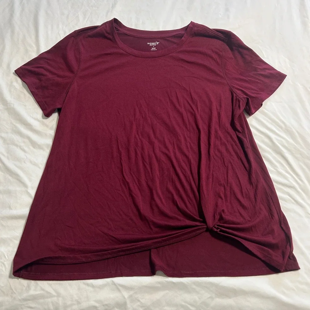 Old Navy Active Go-Dry Twist Front Workout Top Burgundy Maroon XL Short Sleeve